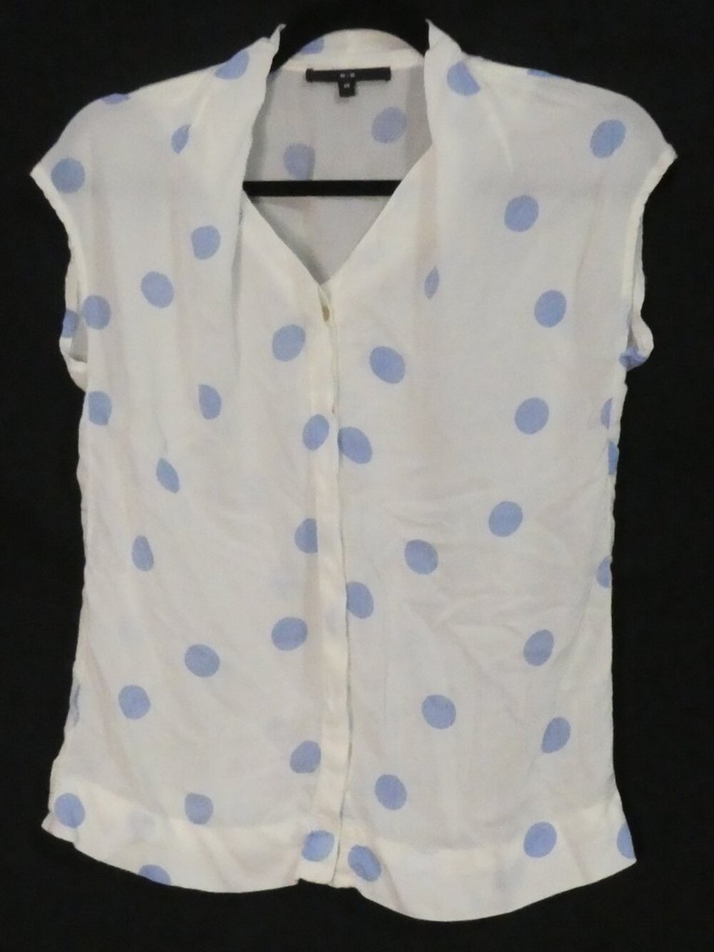 MIS White and Blue Polka Dot Cap Sleeve V-Neck Blouse Top - Size XS extra small